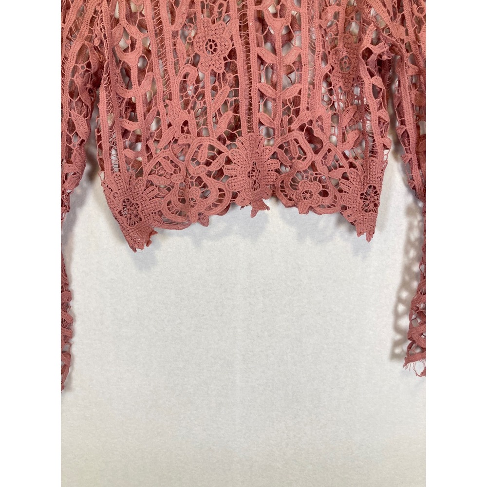 Whimsical Romantic It's Pink Women XL Dusty Rose Crochet Lace Bell Slv Crop Top - Picture 8 of 10